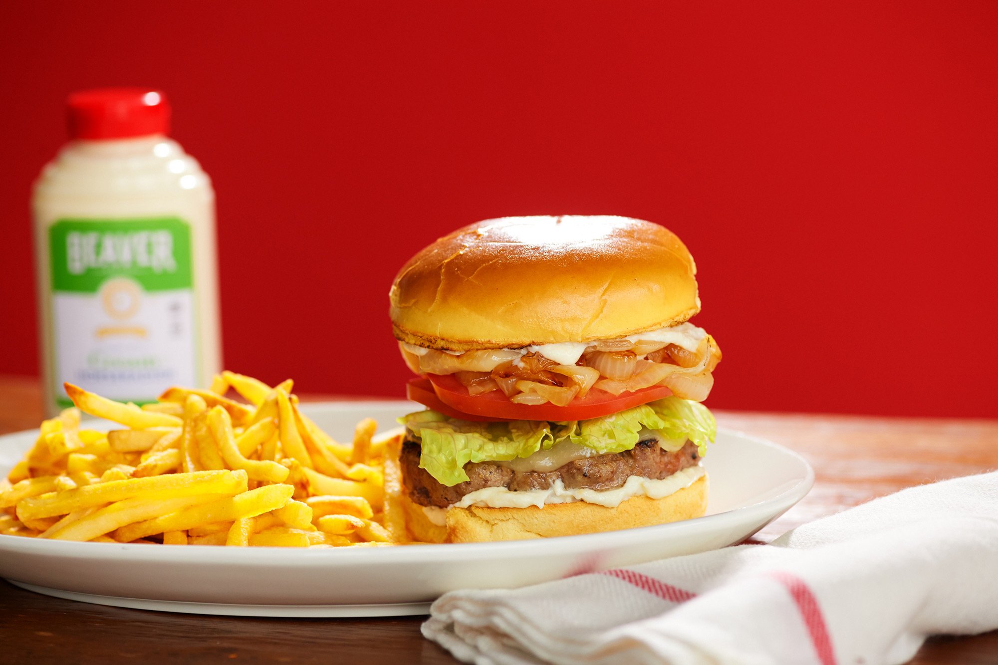 2020horseradish-burger Burger and fries with Beaver Brand Cream Style Horseradish