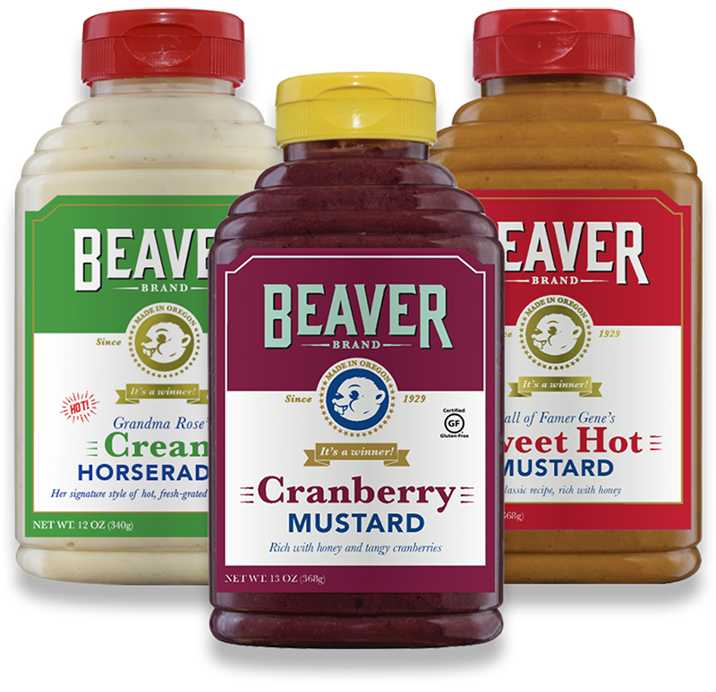 Beaver Brand Thanksgiving Three Pack - contains Beaver Cream Horseradish, Beaver Cranberry Mustard, and Beaver Sweet Hot Mustard