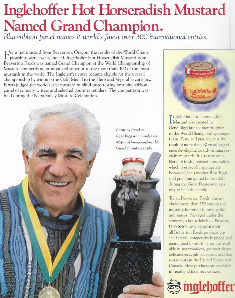 A scanned news article titled, "Inglehoffer Hot Horseradish Mustard Named Grand Champion."