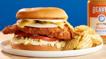 Fried chicken sandwich with Beaver Brand Honey Mustard