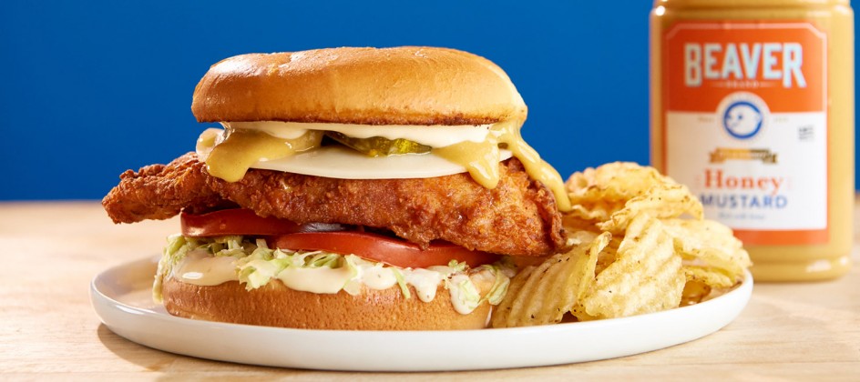Fried chicken sandwich with Beaver Brand Honey Mustard