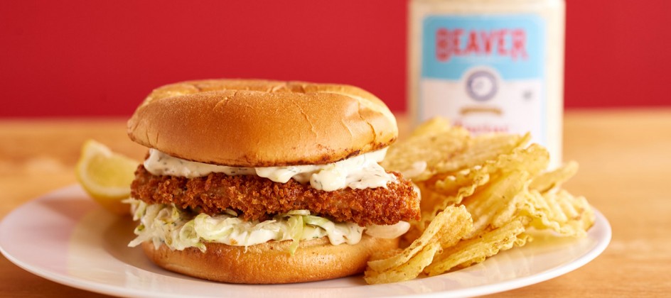 Fish and chips sandwich with Beaver Brand Tartar Sauce