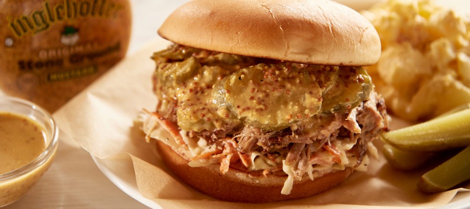 Pulled pork sandwich with Inglehoffer Stone Ground Mustard