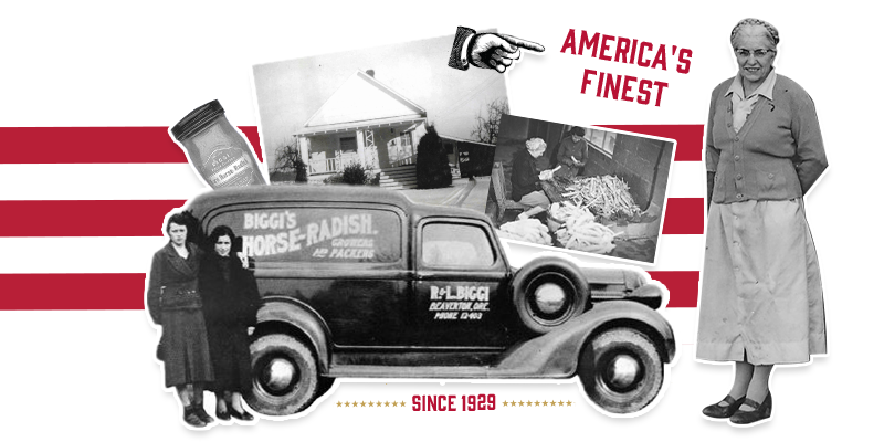 20Beaver_homepage_Americas-finest-3 A collage image of Rose Biggi, her farmhouse, Rose grating horseradish, a horseradish bottle, and an Rose's old car