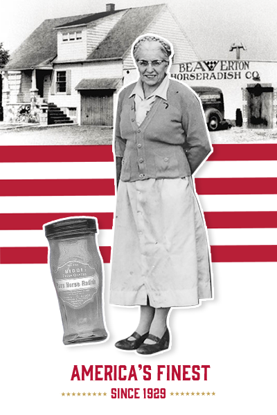 20Beavertonfoods_about-page_America's-finest A collage image of Rose Biggi, her farmhouse, and a horseradish bottle
