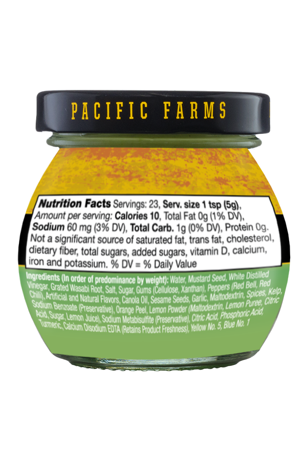 Pacific Farms Japanese Hot Mustard 4 oz back with nutrition facts and ingredients