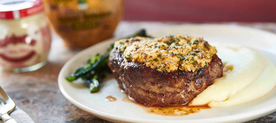 Steak with parmesan crust and potato puree