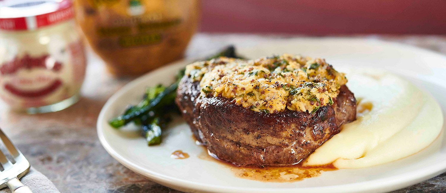 Inglehoffer Mustard Parmesan Crusted Filet Mignon & Horseradish Potato Puree